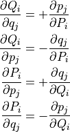 \dfrac{ \partial Q_i  }{ \partial q_j } &= + \dfrac{ \partial p_j }{ \partial P_i } \\
\dfrac{ \partial Q_i  }{ \partial p_j } &= - \dfrac{ \partial q_j }{ \partial P_i } \\
\dfrac{ \partial P_i  }{ \partial p_j } &= + \dfrac{ \partial q_j }{ \partial Q_i } \\
\dfrac{ \partial P_i  }{ \partial q_j } &= - \dfrac{ \partial p_j }{ \partial Q_i } \\