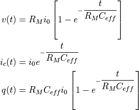 v(t) &= R_M i_0 \left[ 1 - e^{ - \dfrac{t} {R_M C_{eff}} } \right] \\
i_{c}(t) &=     i_0        e^{ - \dfrac{t} {R_M C_{eff}} } \\
q(t) &= R_M C_{eff} i_0 \left[ 1 - e^{ - \dfrac{t} {R_M C_{eff}} } \right] \\