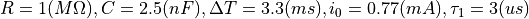 R=1 (M\Omega) , C=2.5 (nF), \Delta T=3.3 (ms), i_0=0.77 (mA), \tau_1=3 (us)