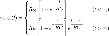 v_{pulse} (t) =
\begin{cases}
R i_0 \left[ 1 - e^{ -\dfrac{t}{RC} } \right] \ \ &( t < \tau_1 ) \\
R i_0 \left[ 1 - e^{ -\dfrac{\tau_1}{RC} } \right] e^{ \dfrac{t-\tau_1}{RC} }  \ \ &( t > \tau_1 )
\end{cases}