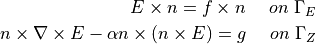 E \times n = f \times n \ \ \ \ on \ \Gamma_E \\
n \times \nabla \times E - \alpha n \times ( n \times E ) = g \ \ \ \ on \  \Gamma_Z