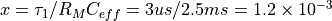 x=\tau_1 / R_M C_{eff} = 3 us / 2.5 ms = 1.2 \times 10^{-3}