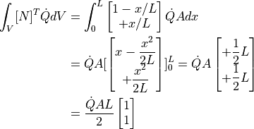 \int_V [N]^T \dot{Q} dV
&= \int_{0}^{L}
\begin{bmatrix}
1-x/L \\
 +x/L
\end{bmatrix}
\dot{Q} A dx \\
&= \dot{Q} A
[
\begin{bmatrix}
x - \dfrac{x^2}{2L} \\
  + \dfrac{x^2}{2L}
\end{bmatrix}
]_0^L
= \dot{Q} A
\begin{bmatrix}
+ \dfrac{1}{2}L \\
+ \dfrac{1}{2}L
\end{bmatrix} \\
&= \dfrac{ \dot{Q} AL }{2}
\begin{bmatrix}
1 \\
1
\end{bmatrix}